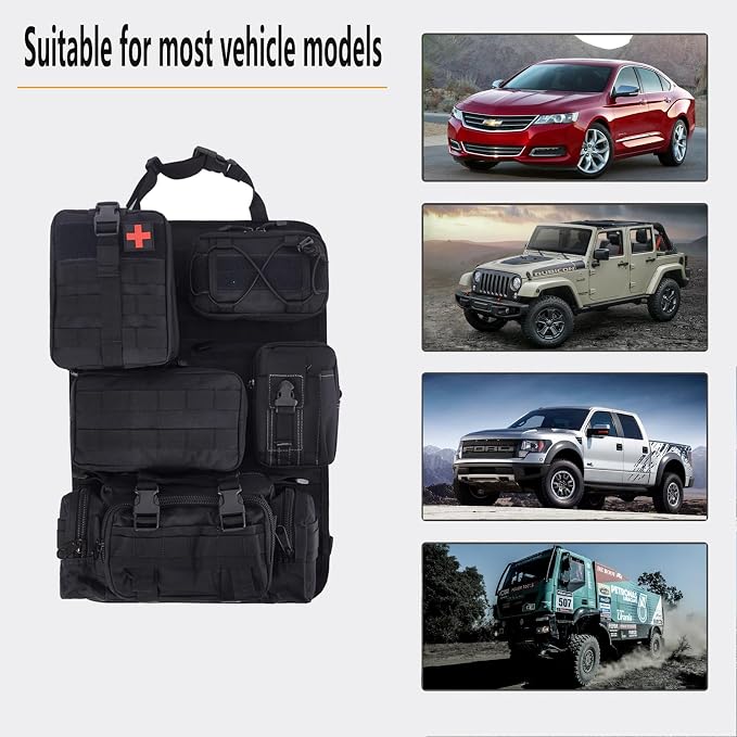 truck seat organizer and storage tactical car back seat back organizer with a Molle Vehicle Panel and 5 Different Size Molle Pouches for most models such as Jeep,SUV,Pickup (Black)