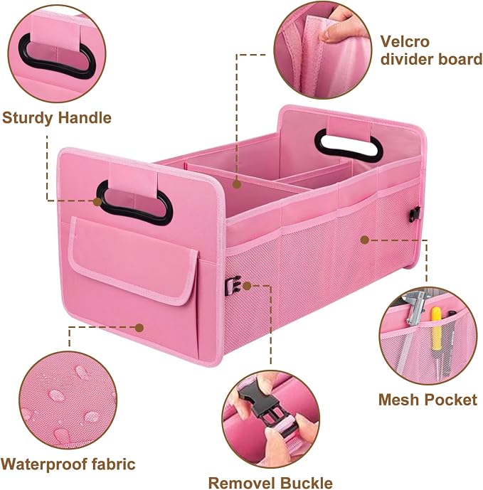 Car Trunk Organizer SUV | Foldable Waterproof Basket with Front & Side Pockets | Large Capacity Durable Oxford Cloth | Car Essentials for Women, Backseat & Truck Bed | Pink