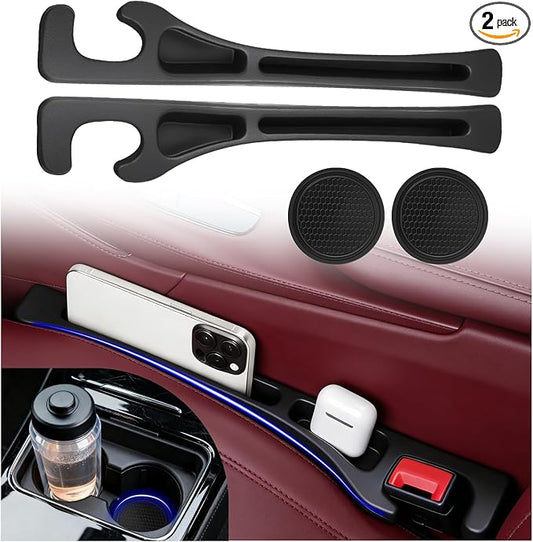 Upgraded Car Seat Gap Filler Organizer Set with Non-Slip Car Coasters,in Between Car Seat Catcher with Dual Slot,Flexible Seats Gap Filler Strip for Filling Gaps & Storing Items