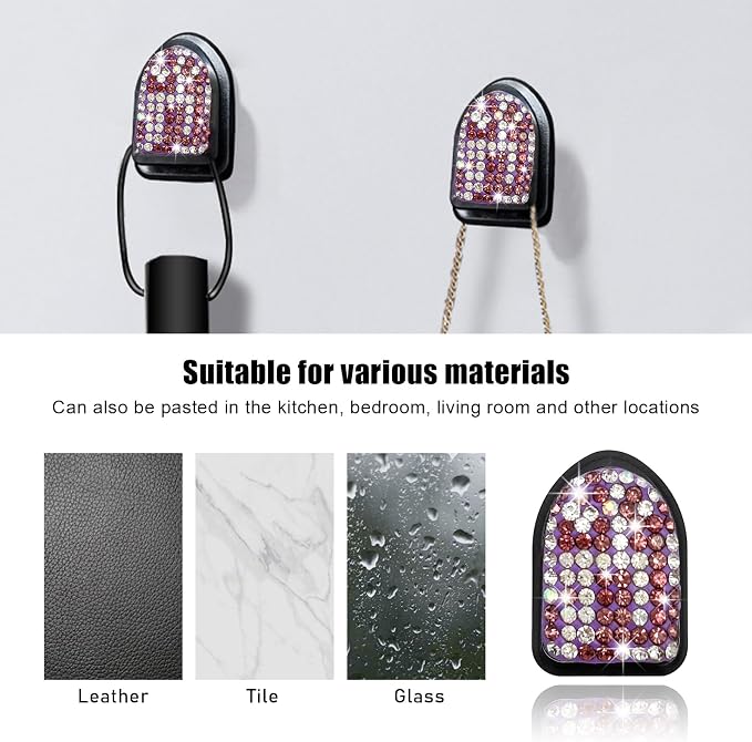Yourkar 4PCS Bling Car Mini Hooks, Multifunctional Adhesive Small Auto Storage Hook for Key Cable Mask, Crystal Rhinestone Dashboard Hanging Hook, Interior Decor Car Accessories (Purple)
