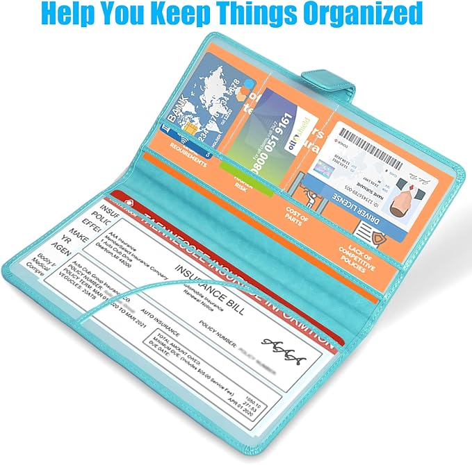 DMLuna Car Registration and Insurance Holder, Leather Vehicle Card Document Glove Box Organizer, Auto Truck Compartment Accessories for Essential Information, Driver License Cards, Sky Blue