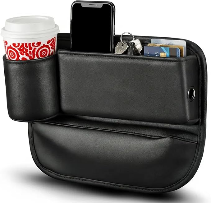 Car Seat Gap Filler Organizer, Premium Leather Console Storage with Cup Holder, Easy Access Multi-Purpose Organizer - Car, SUV & Truck Essentials（Black 1 Pack）