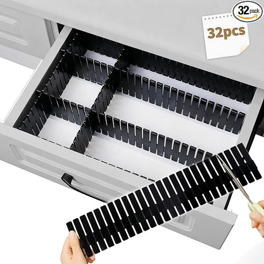 Drawer Divider Adjustable Diy Storage Organizer Separator for Tidying Clutter Cutlery Makeup Clothes of Dresses, Desk & Box in Kitchen Bathroom Bedroom Office (Cut at Will) (Black 32pcs)