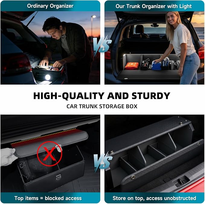 Car Trunk Storage Organizer with Light, Waterproof Trunk Organizer with Lid & Sturdy Handle, Leather SUV Cargo Storage Box Powered by 4 AA Batteries (Batteries Not Included) (37 inch)