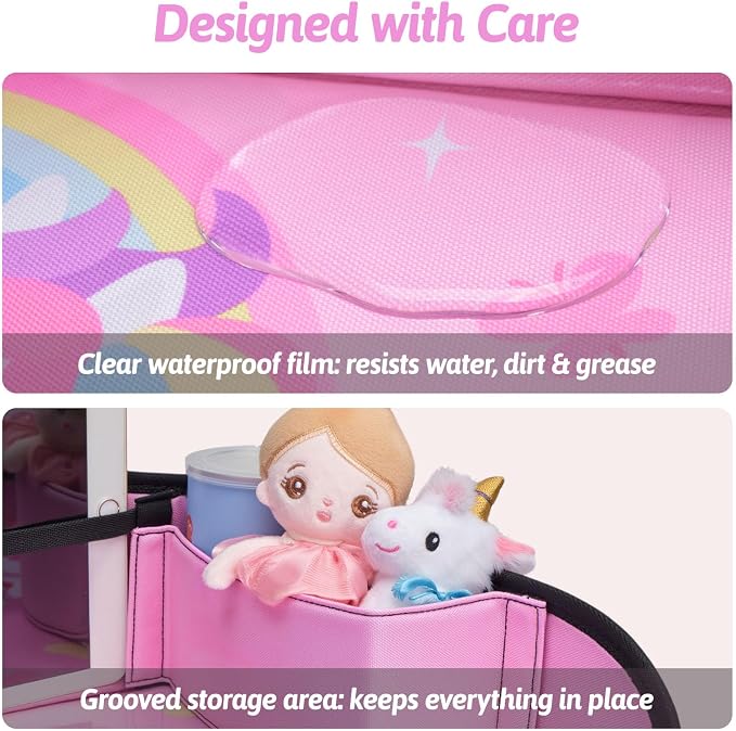 OUOZZZ Kids Travel Tray for Car, Girl's Safety Seat Table | Weight-Relief Strap, Non-Skid Silicone Base, Waterproof Dining/Craft Mat, Carseat/Airplane Lap Desk