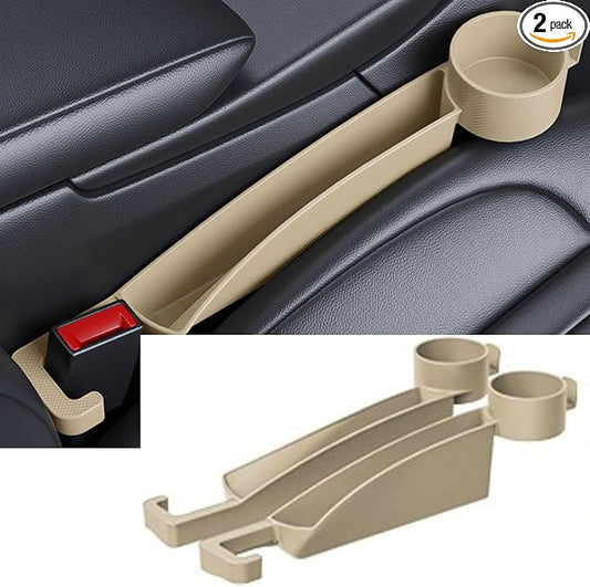 Car Seat Gap Filler Organizer 2 Pack, 4-in-1 Universal Car Seat Gap Plug with Cup Holder & Storage Hook, Front Seat Console Gap Stopper Prevents Dropping, Fits Most Cars SUVs Trucks (Beige)