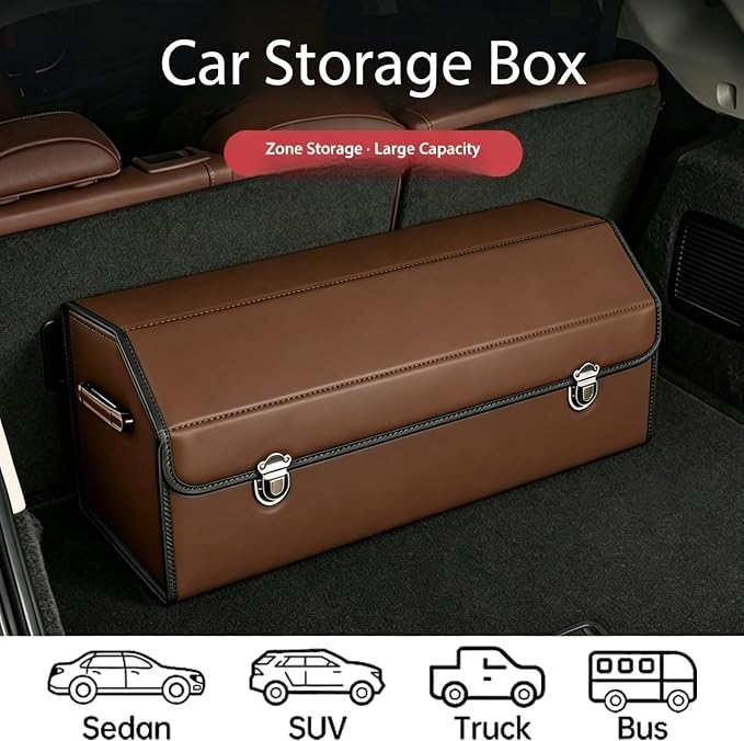 Leather Storage Box Car Trunk Organizer for Trunk SUV Sedan, Foldable Storage Box with Lid (Brown 29.5" L*12.2" W*11.8" H)