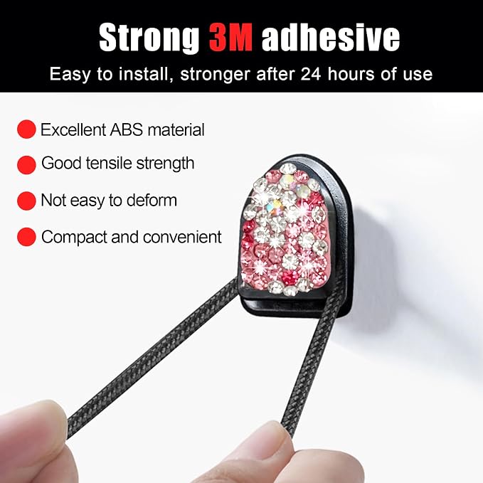 Yourkar 4PCS Bling Car Mini Hooks, Multifunctional Adhesive Small Auto Storage Hook for Key Cable Mask, Crystal Rhinestone Dashboard Hanging Hook, Interior Decor Car Accessories (Pink)