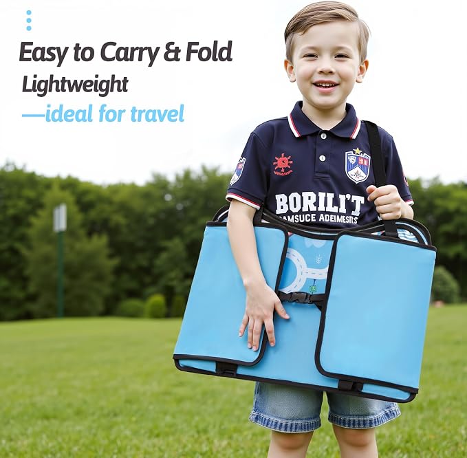 Kids Travel Tray for Car, Boy's Safety Seat Table, Carseat Lap Desk | Weight-Relief Strap, Non-Skid Silicone Base, Waterproof Dining/Craft Mat