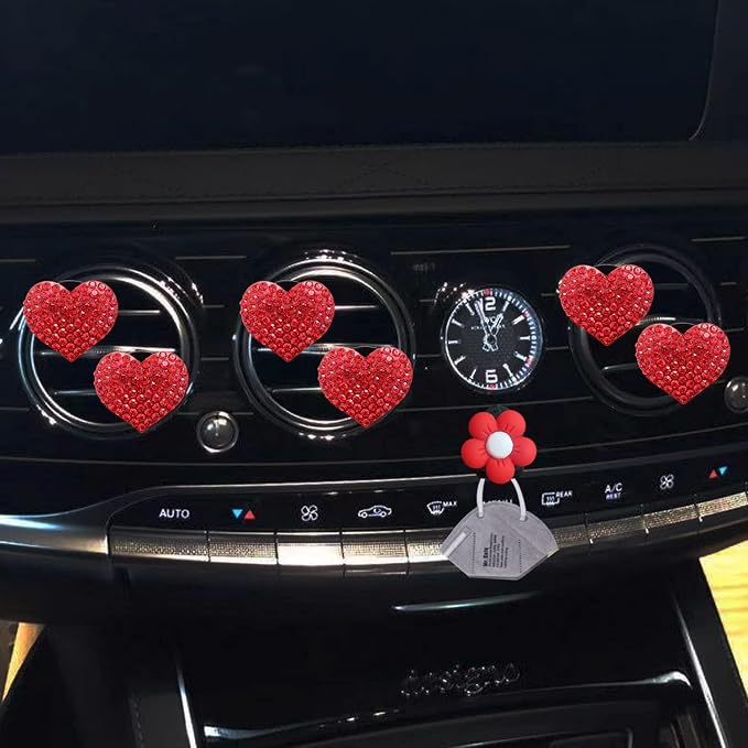 Bling Heart Air Vent Clips, 6 Pcs Red Heart Car Air Fresheners, Diamond Car Interior Decor Charm + Cute Sunflower Mask Hook