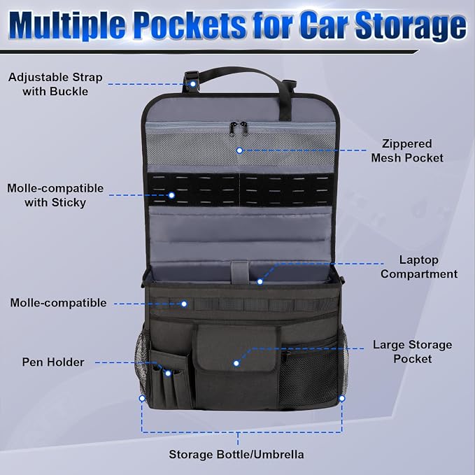 GDNasist Patrol Bag Law Enforcement, Car Front Seat Organizer, Police Duty Bag for Police Gear with 15.6" Laptop Storage, Molle Webbing, Multiple Compartment, Removable Straps, Black