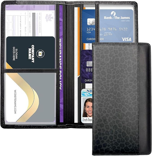 Car Registration and Insurance Holder with Magnetic Closure, Universal Document Organizer for License, Insurance Cards & Glove Box Storage (Leopard-Black)