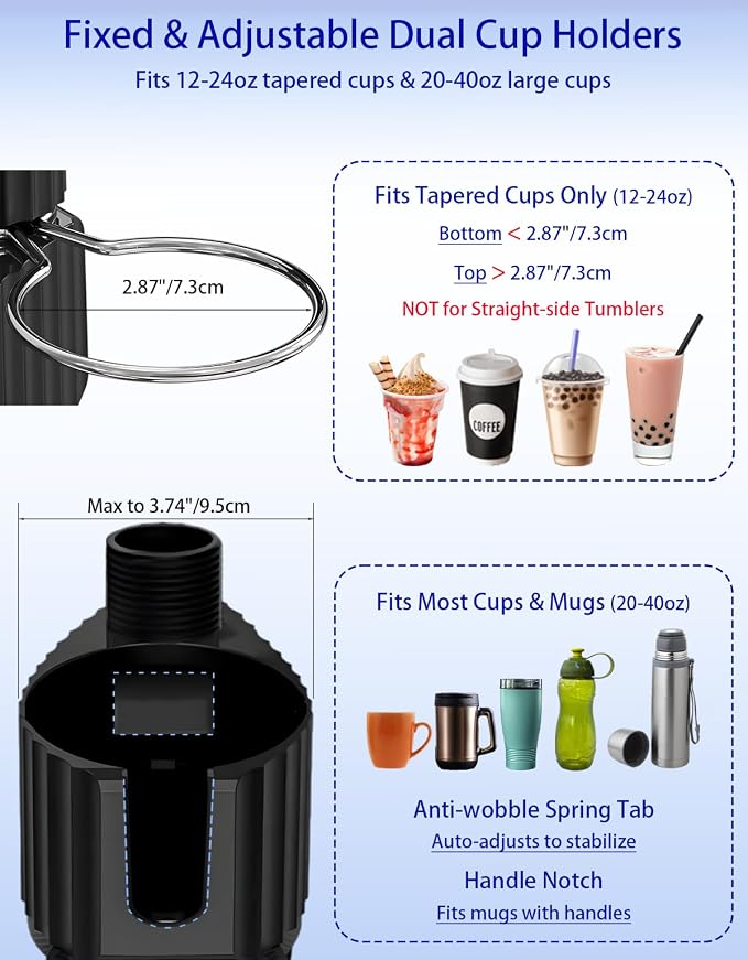 Car Cup Holder Tray - 4 in 1 Car Cup Holder Expander with Metal Cupholder, Adjustable Food Tray and Phone Mount for All Purpose, Automotive Essentials for Driver and Front Passenger