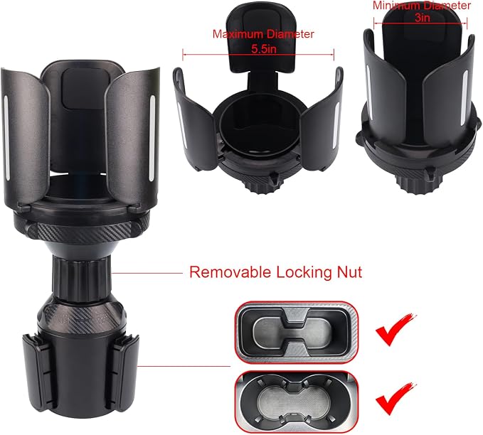 Car Cup Holder Expander Adapter | Adjustable 3"-5.5" Mount for Oversized Bottles & Food Buckets | Detachable Space-Saving Design with Anti-Vibration Silicone Base (Black - Cup Holder)
