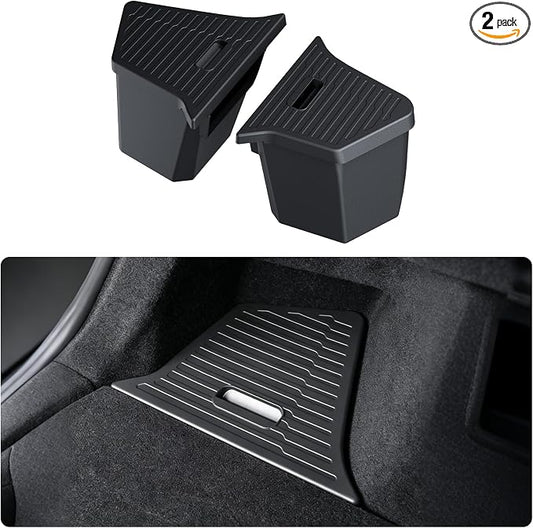 Trunk Storage Bins for 2025 2026 Tesla Model Y Juniper | 2PCS TPE Rear Cargo Side Organizer Boxes with Lids for 5-Seater