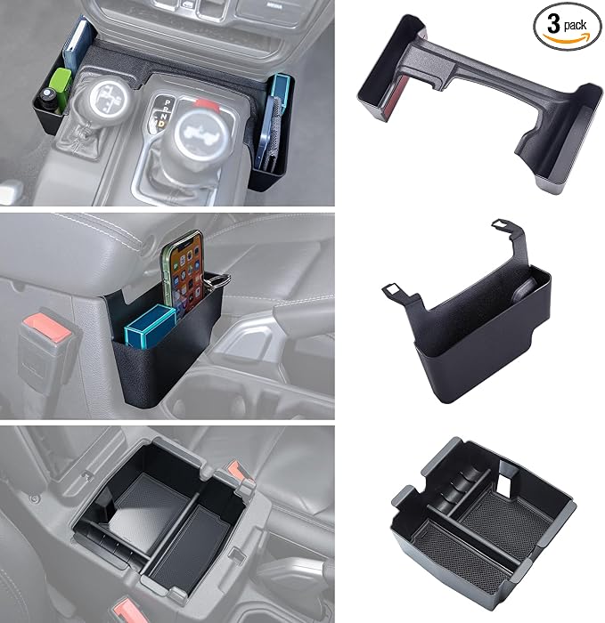 3PCS Center Console Organizer Tray Box Compatible with 2018-2025 Wrangler and 2020-2023 2024 2025 Gladiator Gear Shift Organizer Armrest Accessories Hanging Box（Not for JK/JKU）
