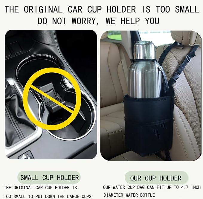 Large Car Cup Holder Expander, Fits Large 24/36/40/46oz Water Bottles, Big Drinks Holder Bag- Universal Auto Vehicle for Cars, SUV & Truck RV's Golf-carts (Black)