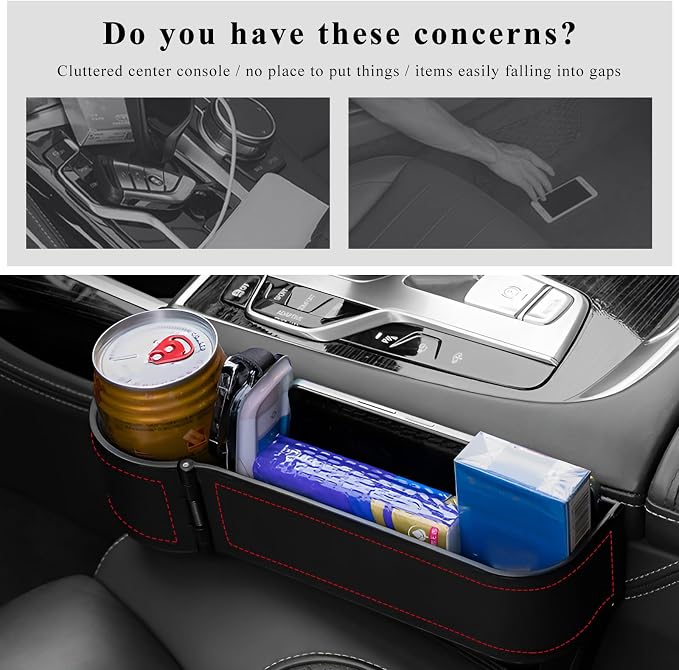 Car Seat Gap Filler Organizer, Auto Leather Seat Organizer with Adjustable Cup Holder, Multifunctional Side Insert Center Console Storage Box for Phone Drink Sunglasses (Black & Red)