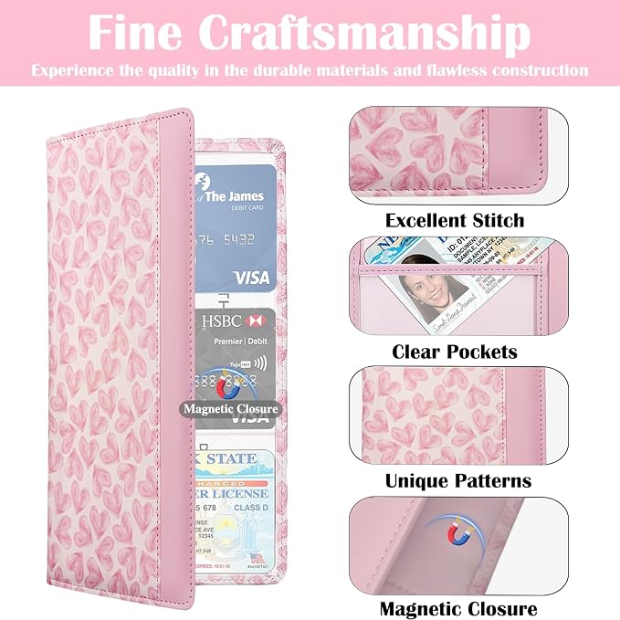 Car Registration and Insurance Holder with Magnetic Closure, Universal Document Organizer for License, Insurance Cards & Glove Box Storage (Heart-Pink)