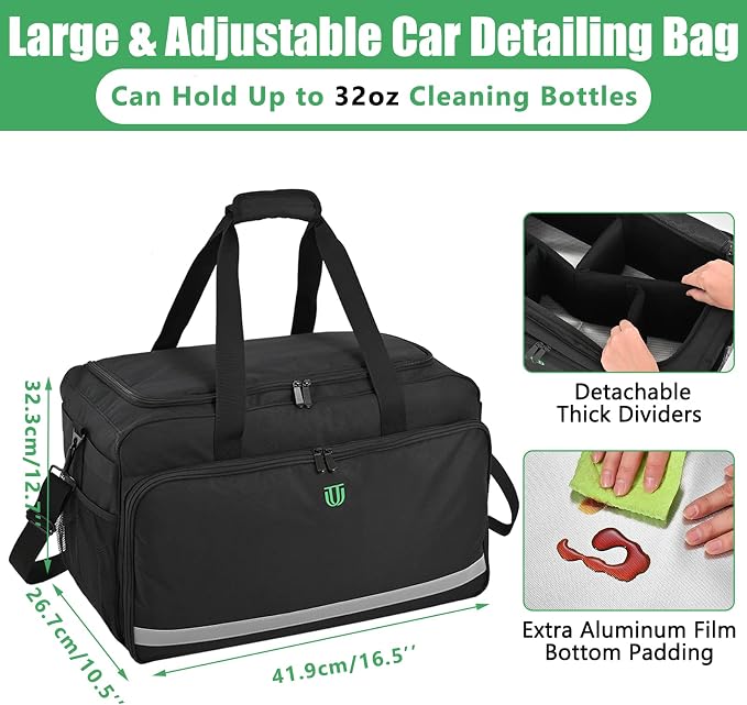 Large Car Detailing Bag, Cleaning Caddy with Lid and Handle for Auto Detailing Supplies, Car Cleaning Storage Trunk Organizer for Polisher and Vehicle Wash Tools, Black