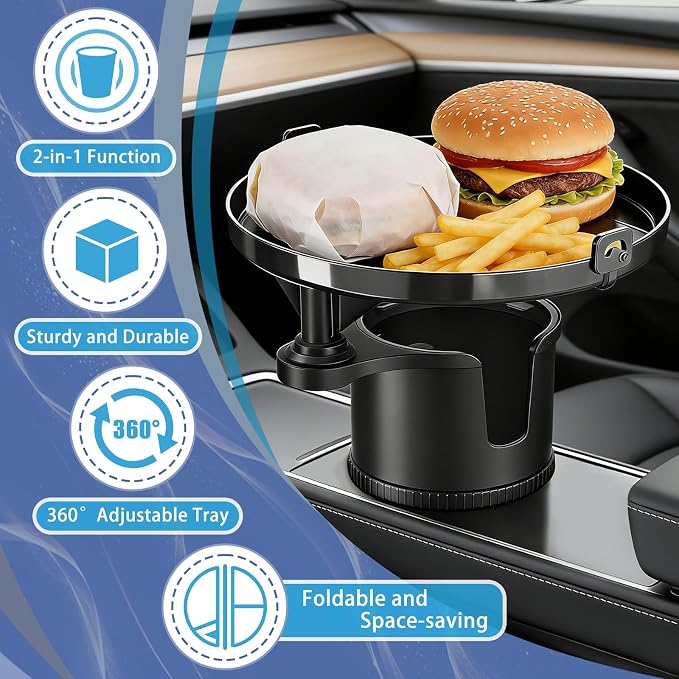 SAMPUSS 2-in-1 Car Cup Holder Tray Car Food Tray Car Table Car Seat Tray | 2-in-1 function foldable and detachable function 360°rotation road trip essentials car accessories interior