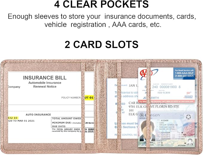 Cacturism Car Registration and Insurance Holder, Vehicle Glove Box Car Organizer Men Women Wallet Accessories Case for Cards, Essential Document, Driver License, Bling Rose Gold