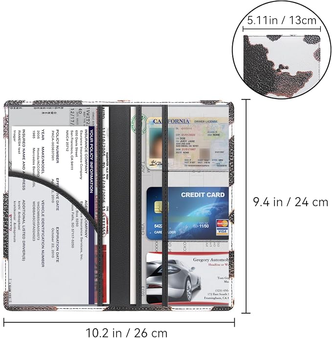 Car Registration and Insurance Holder, Premium Pu Leather Vehicle Glove Box Organizer - for Driver License, Cards & Essential Documents (L-Cow)