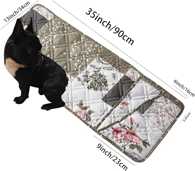 Brilliant Sunshine Pink Rose and Grey Toile Patchwork Couch Armrest Organizer, Non Slip Armchair Caddy for Sofa Recliner, Washable Remote Control Holder, Storage for Magazine, Phone, iPad (35"×13")