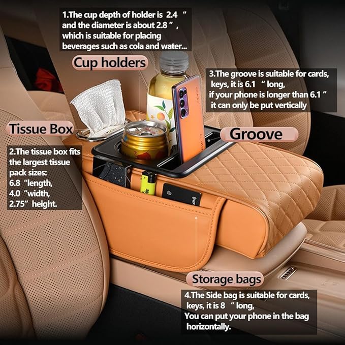 Car Armrest Cushion,5-in-1 Center Console Cover with 2 Storage Bags Cup Holder, Tissue Box Slot, Phone Slot for Sedans, Car Accessories Interior Organizers (Pink)