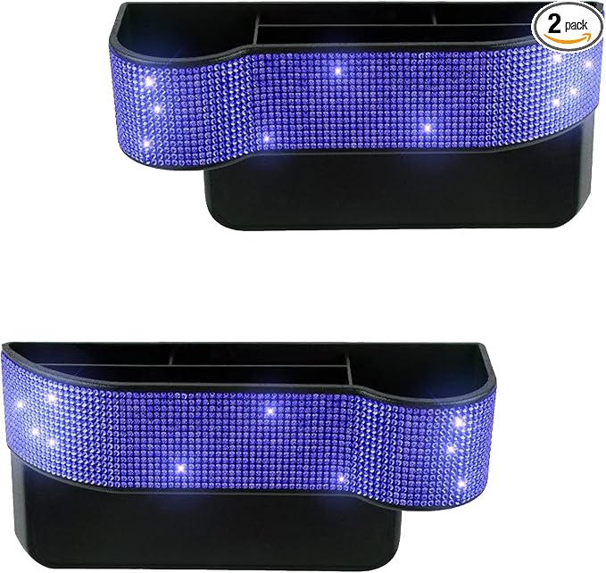 Bling Bling Car Seat Organizer Front Seat Gap Filler with Crystal Rhinestones Diamond, PU Leather Car Seat Console Storage Organizer for Car Accessories (2 Pack Dark Blue)