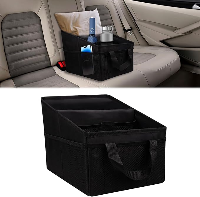 Car Seat Organizer Backseat, Car Organizer, Collapsible Small Car Seat Storage Organizer with Divide, Handles and Mesh Pockets for Front/Rear Consoles Back Seats Traveling and Storing Items