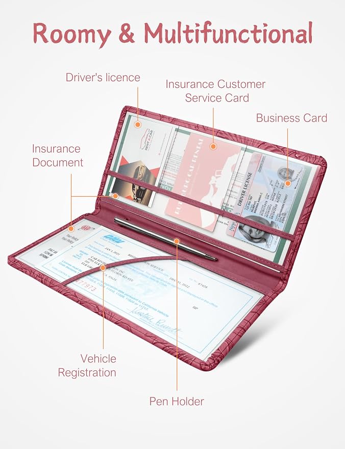 Mymazn Car Registration and Insurance Holder, PU Leather Glove Box Car Organizer with Magnetic Closure, Car Document Holder for Driver's License & Essential Documents (Floral Red)