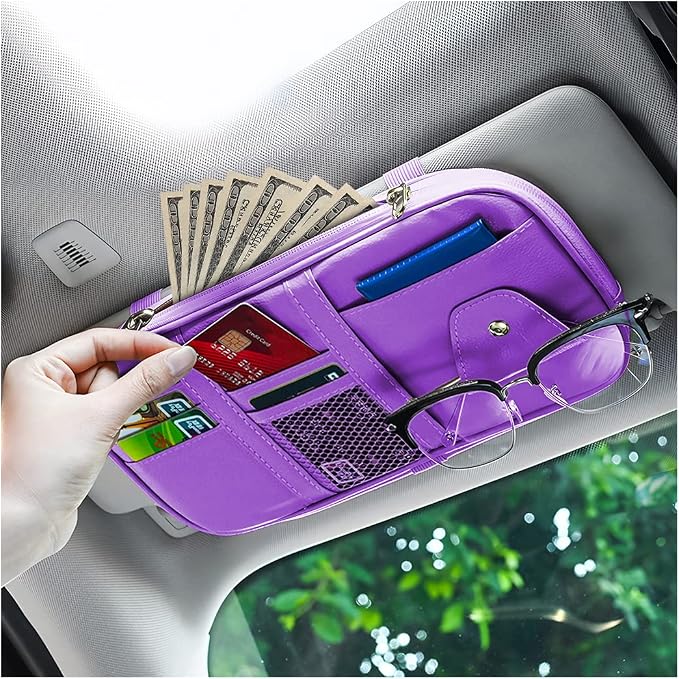 Car Sun Visor Organizer, Sunglass Holder and Storage Pocket, Card Cash Pouch with Multi-Pocket Net Zipper, Case Bag for License Pen Key, Auto Interior Accessories for Truck, SUV, Van (Purple)