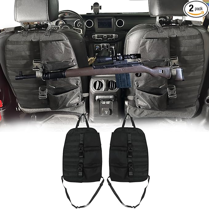 SUNPIE 2 Pcs Seat Back Truck Gun Rack, Automotive Gun Racks with Molle Panel Universal Seatback Storage Pockets Tactical Car Seat Back Organizer for Hunting Accessories Storage, Black