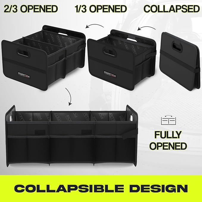 FORTEM Car Trunk Organizer, Collapsible Two Compartment Organizer, Foldable SUV & Truck Storage for Car Accessories for Women Men, Non Slip Bottom, Sturdy Side Walls, Strong Handles, 75L