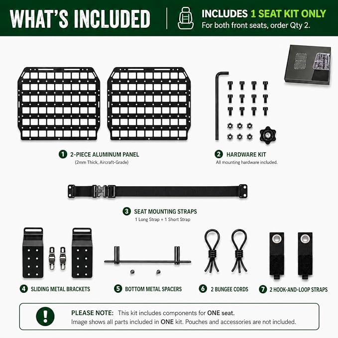 V2 Pro MOLLE Seat Back Panel, 2mm Aluminum Truck Seat Organizer, Anti-Rattle Headrest Mount, MOLLE/PALS Gear Rack for Full-Size Trucks & SUVs, 1 Seat Kit
