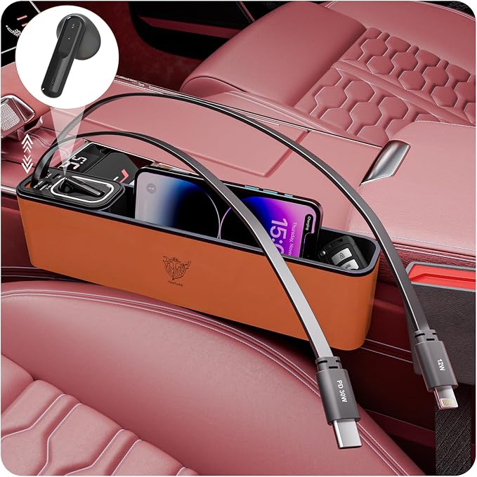 Car Seat Gap Filler Organizer with 69W Retractable Car Charger & Bluetooth Earpiece for Driving Calls, Car Accessories with Trucker Headset, Fits Sedans, SUVs, Pickup Trucks & Crossovers