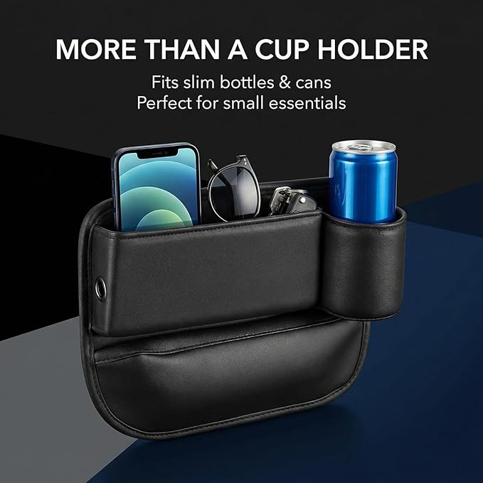 Car Seat Gap Filler Organizer, Premium Leather Console Storage with Cup Holder, Easy Access Multi-Purpose Organizer - Car, SUV & Truck Essentials（Black 1 Pack）