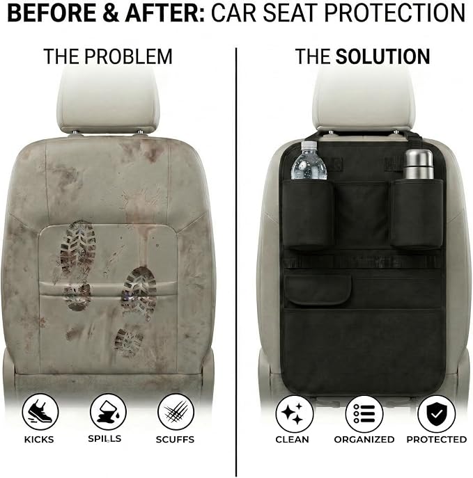 Swigzy Premium Seat Back Organizer Water Bottle Holder & Kick Mat Protector | Large Water Bottle Holders, Cordura Nylon, Laptop Pocket, Sag-Free Adjustable Fit