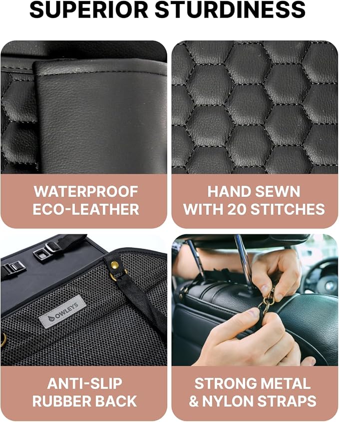 Owleys Back Seat Car Organizer for Kids, Front Passenger Caddy, Center Row Vehicle Storage with Pockets – Premium Eco Leather, 8 Compartments, Black Travel Accessory for SUV, Truck, Sedan, Van, Jeep