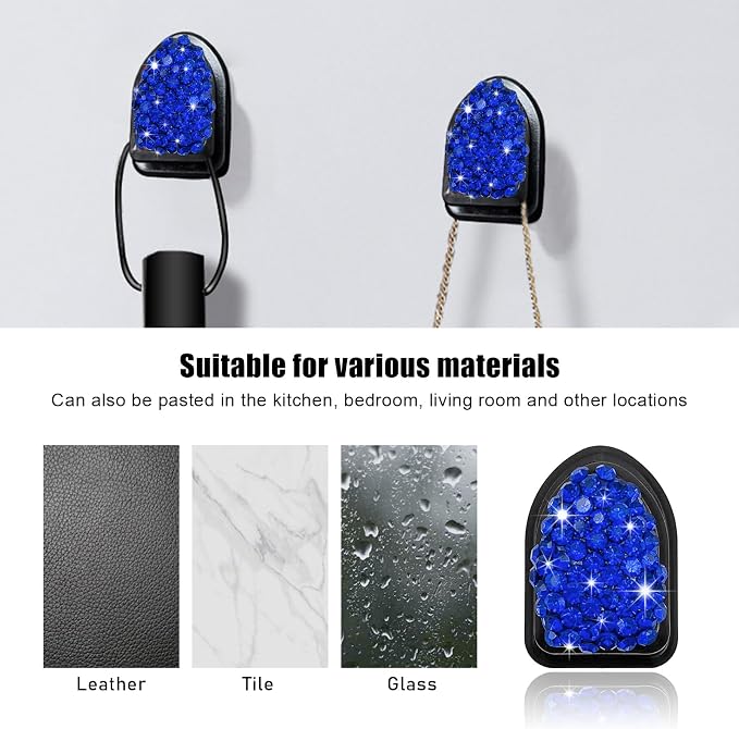 Yourkar 4PCS Bling Car Mini Hooks, Multifunctional Adhesive Small Auto Storage Hook for Key Cable Mask, Crystal Rhinestone Dashboard Hanging Hook, Interior Decor Car Accessories (Blue)