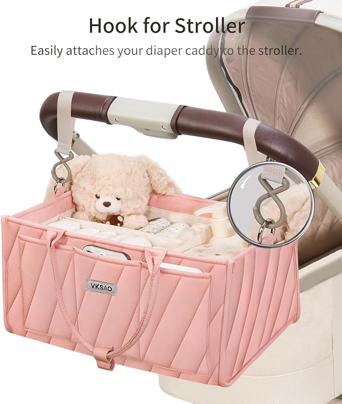 Pink Diaper Caddy Organizer – Portable Storage Basket with Shoulder Strap & Stroller Hooks, Splashproof Quilted Nursery & Car Tote for Baby Girl Shower Gift, Baby Registry, Blush Pink
