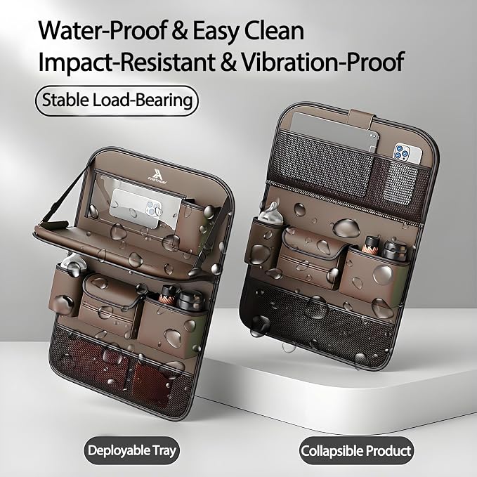 2 Pack Universal Foldable Car Backseat Organizer with Table Tray, Car Seat Back Protector with Touch Screen Phone Holder, Premium Leather Kick Mats with Storage Pockets Tissue Holder (Brown)
