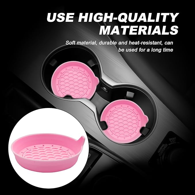 4-Pack Universal Cup Holder Coasters, Black Silicone Inserts - Keep Your Car Clean with Non-Slip & Spill-Proof Coasters for All Vehicles (Pink)
