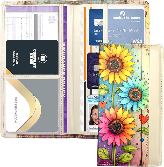 Car Registration and Insurance Holder with Magnetic Closure, Universal Document Organizer for License, Insurance Cards & Glove Box Storage (Sunflower-Colorful)
