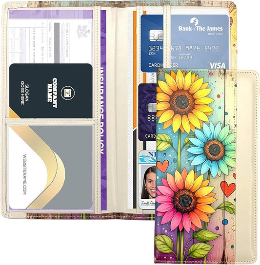 Car Registration and Insurance Holder with Magnetic Closure, Universal Document Organizer for License, Insurance Cards & Glove Box Storage (Sunflower-Colorful)