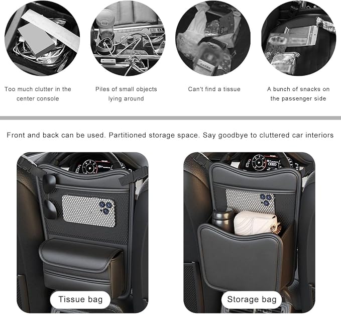 Car Organizer Storage Between Seats, Leather Car Console Hanging Storage Organizer with Mesh Pocket Tissue Box, Multi-Functional Large Capacity Headrest Holder Bag for Purse Snack (Black)