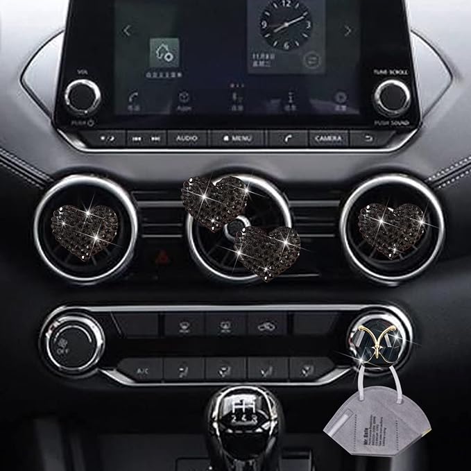 Black Heart Air Vent Clips, 4 Pcs Bling Heart Air Fresheners Vents Clips Diamond Car Interior Decor Charm Cute Car Accessories + Cute Butterfly Mask Hook