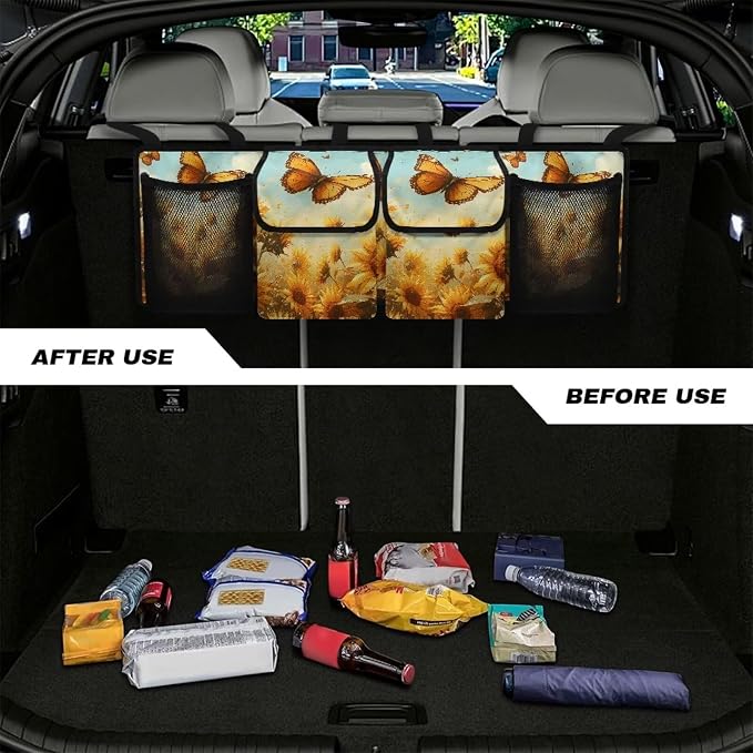 Butterfly Sunflower Print Car Trunk Organizer with 4 Pockets Hanging Car Backseat Storage Bag Multipurpose Car Organizer Bag Universal Car Interior Accessories