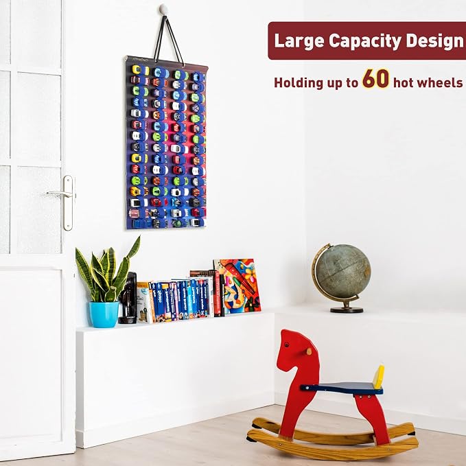Hanging Storage Organizer for Toy Cars Felt Display Case Hold Up 60 Toy Cars (Without Accessories) (Colorful)